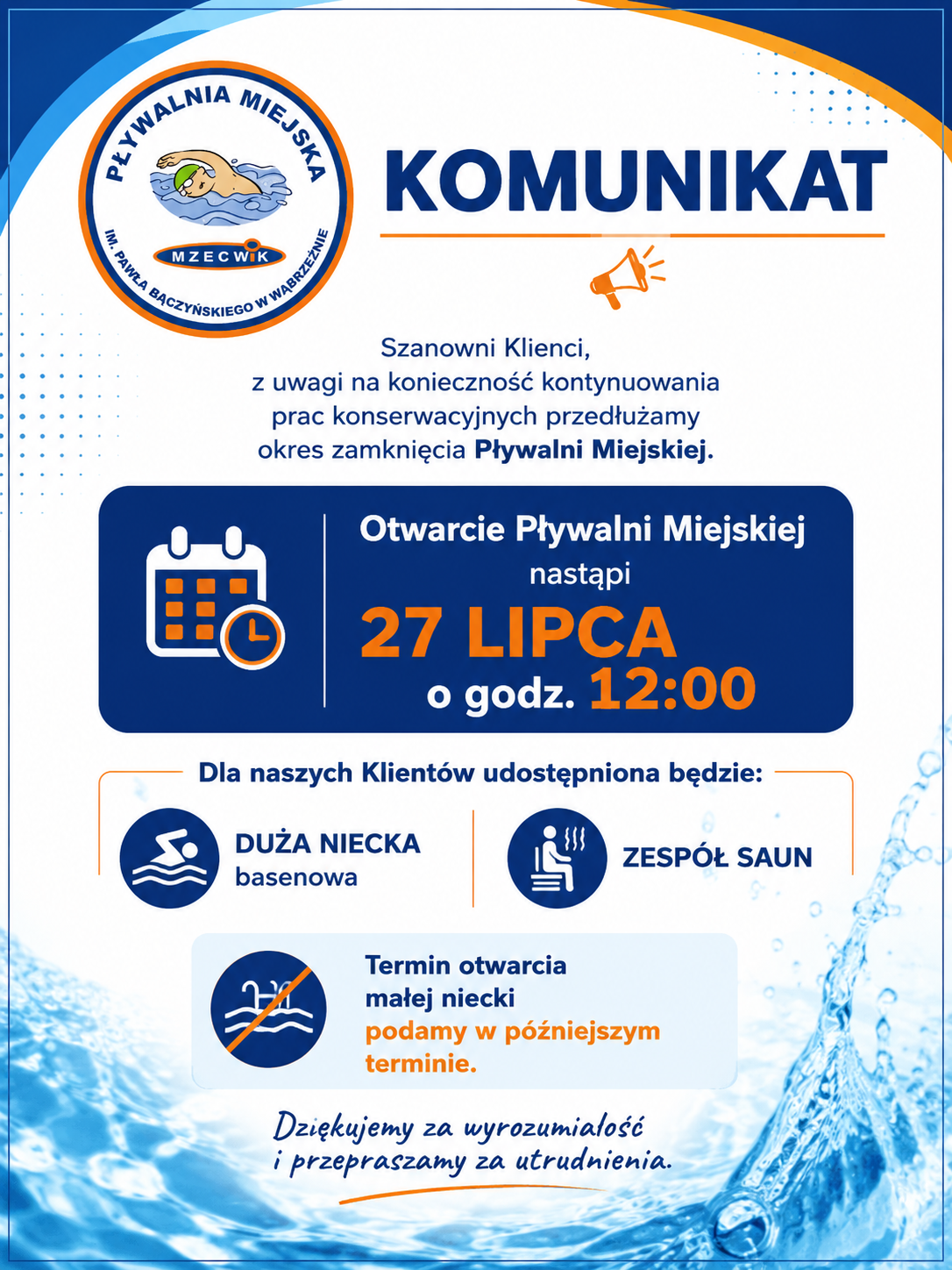 Zmiana terminu otwarcia Pływalni Miejskiej w Wąbrzeźnie